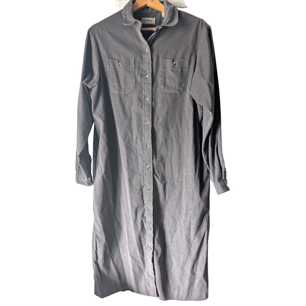 L.L. Bean Corduroy Shirt Dress Womens 18 Gray Vintage Made in USA Midi Pocket